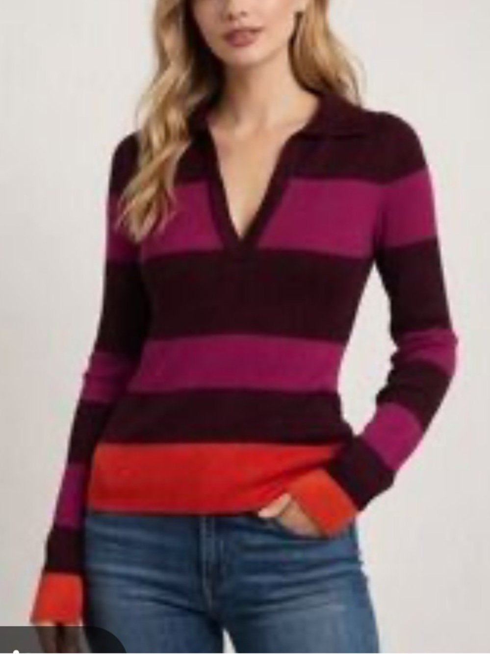 House of Harlow 1960 Striped V-Neck Sweater in Burgundy, Magenta & Orange